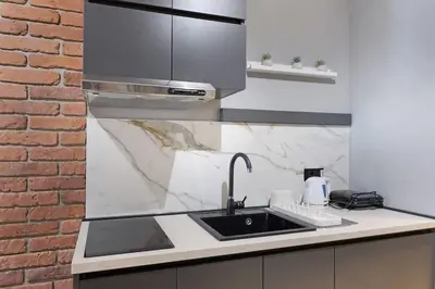 a kitchen with a sink and a brick wall at Apartment Paradise Slavija Tres in Belgrade