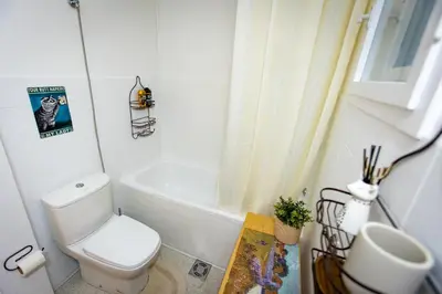 a bathroom with a toilet and a bath tub at Lule garden apartment in Belgrade
