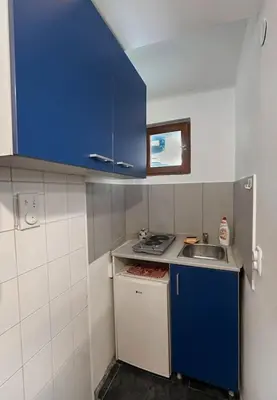 a small kitchen with blue cabinets and a sink at Lilly's Apartment in Belgrade