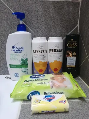 a group of products sitting on top of a counter at Njegoševa Presidential Suite Vračar in Belgrade