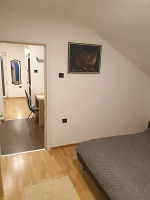 a bedroom with a bed and a desk with a painting on the wall at Cozy Place in Pavi°evac