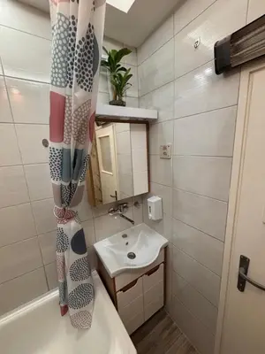 a bathroom with a sink and a shower curtain at Aktiva Apartments in Belgrade