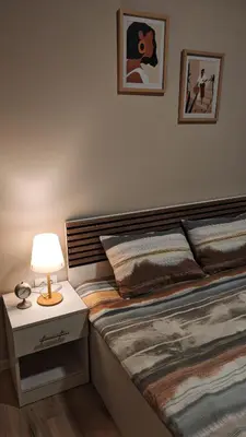 a bedroom with a bed and a lamp on a night stand at AG Cozy Apartment in Belgrade