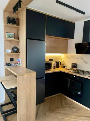 a kitchen with black cabinets and a black refrigerator at Moje srećno mesto in Arandjelovac