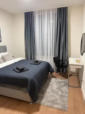 a bedroom with a bed and a desk and a window at Dockside Belgrade Waterfront in Belgrade