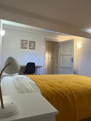 a bedroom with a bed and a desk and a chair at Pevac, Rooster, apartment in Belgrade