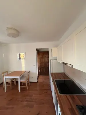 a kitchen with a table and a dining room at Pevac, Rooster, apartment in Belgrade