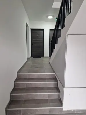a hallway with stairs and a black door at Lux apartmani na Ledinama in Ledine