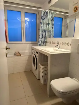 a bathroom with a sink and a washing machine at Kalenić Sky in Belgrade