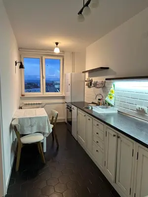 a kitchen with a table and a sink and a refrigerator at Kalenić Sky in Belgrade