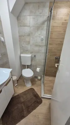 a bathroom with a toilet and a shower at Two Sister in Belgrade
