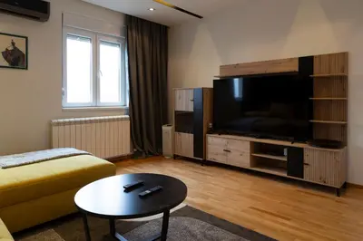 a living room with a couch and a large television at Charming Duplex in Belgrade in Belgrade