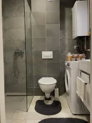 a bathroom with a toilet and a shower at Wine story in Irig