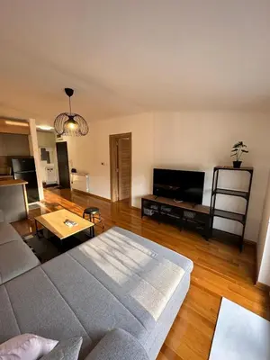 a living room with a couch and a table at Apartman Tiffany in Belgrade