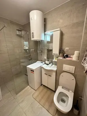 a bathroom with a toilet and a sink and a shower at Apartman Tiffany in Belgrade