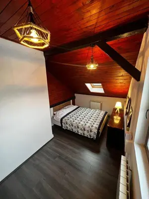 a bedroom with a bed in a room with wooden ceilings at Sky Rooftop Huge Apartment in Belgrade