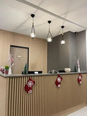 an office lobby with christmas pillows on the counter at FlyInn Residence in Belgrade