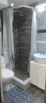 a bathroom with a shower and a toilet and a sink at Medo in Belgrade