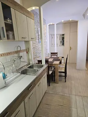 a kitchen with a sink and a dining room with a table at Zante Apartment in Belgrade