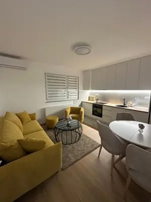 a living room with a couch and a table at Apartman Aranđelovac2 in Arandjelovac