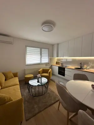a living room with a couch and a table at Apartman Aranđelovac2 in Arandjelovac