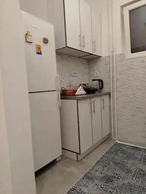 a kitchen with white cabinets and a white refrigerator at Star Apartment Belgrade 1 in Belgrade