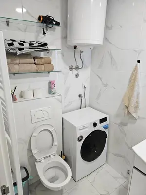 a white bathroom with a washing machine and a toilet at MiS Lux in Mladenovac