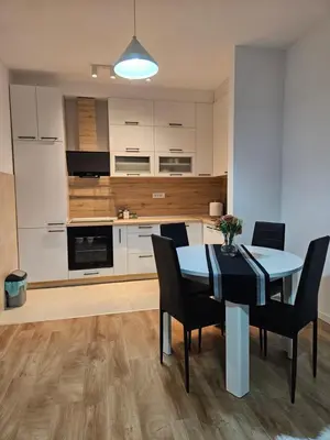 a kitchen and dining room with a table and chairs at MiS Lux in Mladenovac