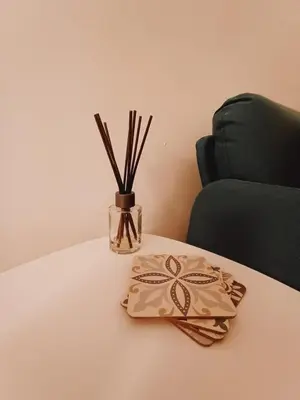 a table with a box and a vase with sticks at Cosy Central Studio Jana in Belgrade