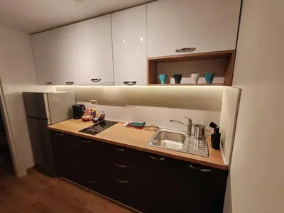 a small kitchen with a sink and a refrigerator at Surčin Central Stay in Surčin