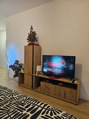 a living room with a television and a christmas tree at Miss Lux in Mladenovac