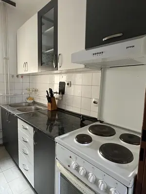 a kitchen with a white stove and a sink at Apartment Crystal in Belgrade