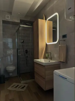 a bathroom with a sink and a shower and a toilet at ATHOS Luxury Stay - Luxury and Comfort in the Center of Zvezdara in Belgrade