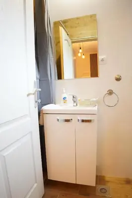 a bathroom with a sink and a mirror at Apartmani Kula in Novi Banovci