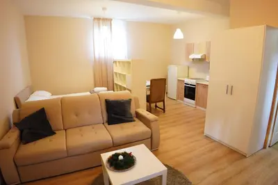 a living room with a couch and a kitchen at Apartmani Kula in Novi Banovci