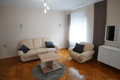 a living room with a couch and a table at Apartmani Kula in Novi Banovci