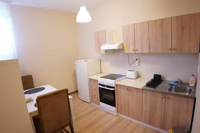 a small kitchen with a sink and a refrigerator at Apartmani Kula Novi Banovci Svetosavska 137 in Belgrade