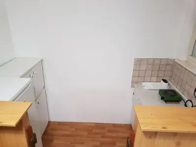 a small kitchen with white walls and wooden floors at Ozon in Belgrade
