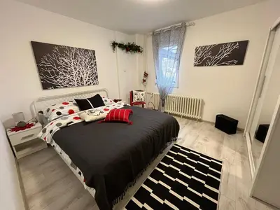 a bedroom with a bed with a black and white blanket at Apartman A 24 in Belgrade