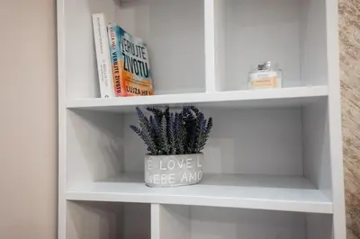 a book shelf with a plant and books at Tomin sokak Apartment in Belgrade
