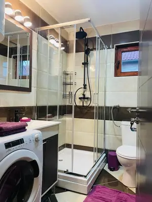 a bathroom with a washing machine and a toilet at Zemun Belgrade Apartment in Belgrade