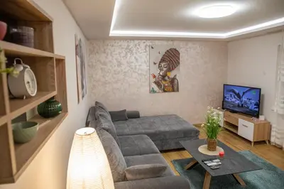 a living room with a gray couch and a tv at The Old Courtyard in Belgrade
