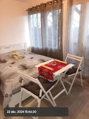 a table and chairs in a room with a bed at Stasha in Donja Mala