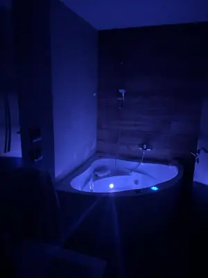 a dark bathroom with a tub in a dark room at Luxurious apartment with a jaccuzi and 4 bedrooms in Belgrade