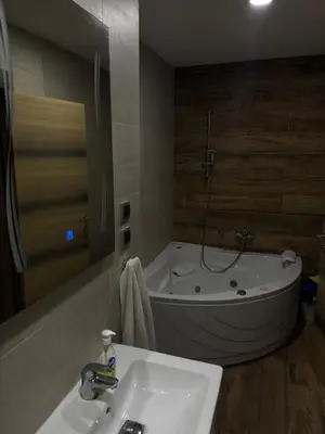 a bathroom with a bath tub and a sink at Luxurious apartment with a jaccuzi and 4 bedrooms in Belgrade