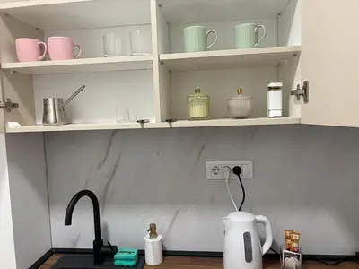 a kitchen with a sink and shelves with cups at Saint Mark in Belgrade