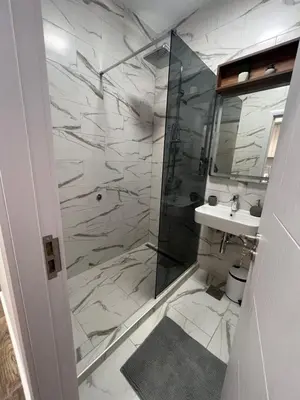 a bathroom with a shower and a sink at Saint Mark in Belgrade