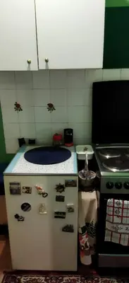 a small kitchen with a refrigerator and a stove at Grin in Zemun Polje