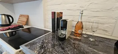 a counter with a bottle of wine and glasses on it at Avalavanda Slavija in Belgrade