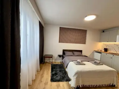 a bedroom with two beds and a kitchen with a window at Surčin Grape Vine Apartments in Surčin